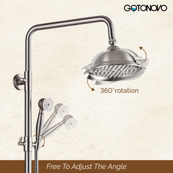 gotonovo Exposed Pipe Shower System Brass 8 Inch Overhead Rainfall Shower Fixture with Handheld Spray Dual Functions Solid Diverter Wall Mounte Bathroom Shower Faucet Combo Unit Set