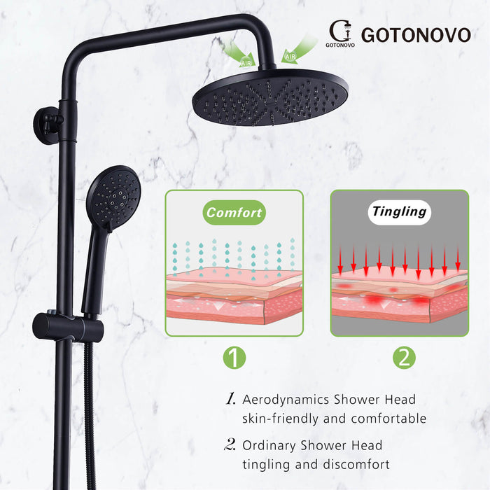 Gotonovo Matte Black Exposed Shower Fixture Combo Set 9 Inch ABS Round Rainfall Showerhead with ABS Handheld Sprayer Wall Mount Shower System Adjustable Slide Bar