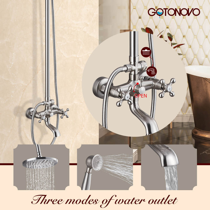 Gotonovo Exposed Shower Faucet Set Brass Dual Knobs 8 Inch Rainfall Round Head Mixer Tap Hand held Spray 3 Functions Shower System Tub Spout Bathroom Shower Combo Unit Set Wall Mounted
