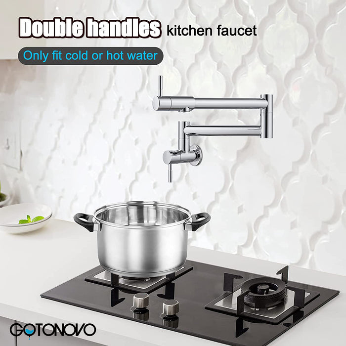 gotonovo Pot Filler Faucet Folding Stretchable Wall Mount Kitchen Restaurant Sink Faucet SUS304 Stainless Steel with Double Joint Swing Arm Single Hole Two Handles Commercial NPT