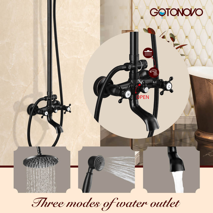 Gotonovo Exposed Shower Faucet Set Brass Dual Knobs 8 Inch Rainfall Round Head Mixer Tap Hand held Spray 3 Functions Shower System Tub Spout Bathroom Shower Combo Unit Set Wall Mounted