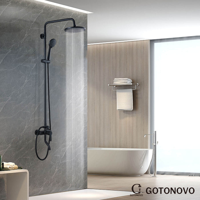 Gotonovo Matte Black Exposed Shower System 8 Inch ABS Round Rainfall Shower Head with ABS Handheld Sprayer Adjustable Slide Bar Hand Spray Wall Mount Set