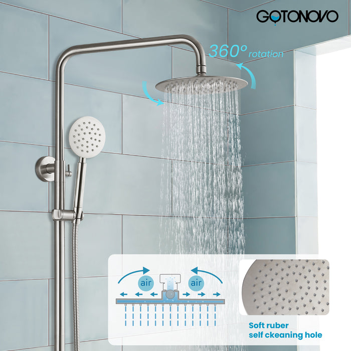 Gotonovo Exposed Shower System Wall Mount 8 inches Stainless Steel SUS304 Shower Head With Adjustable Hand Spray Triple Function Rainfall Shower Faucet Complete Set