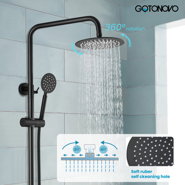Gotonovo Exposed Shower System Wall Mount 8 inches Stainless Steel SUS304 Shower Head With Adjustable Hand Spray Triple Function Rainfall Shower Faucet Complete Set