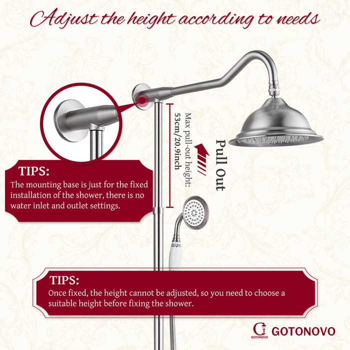 Shower System Set Complete 8 Rain Shower Faucet 2 Double Knobs Handle Triple Function Tub Spout Shower Fixture Unit 12 Inch Extention