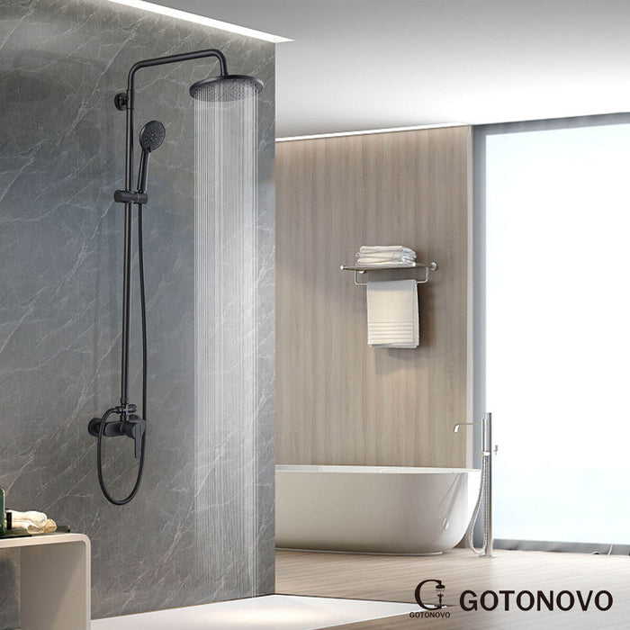 Gotonovo Matte Black Exposed Shower System 8 Inch ABS Round Rainfall Shower Head with ABS Handheld Sprayer Adjustable Slide Bar Hand Spray Wall Mount Set
