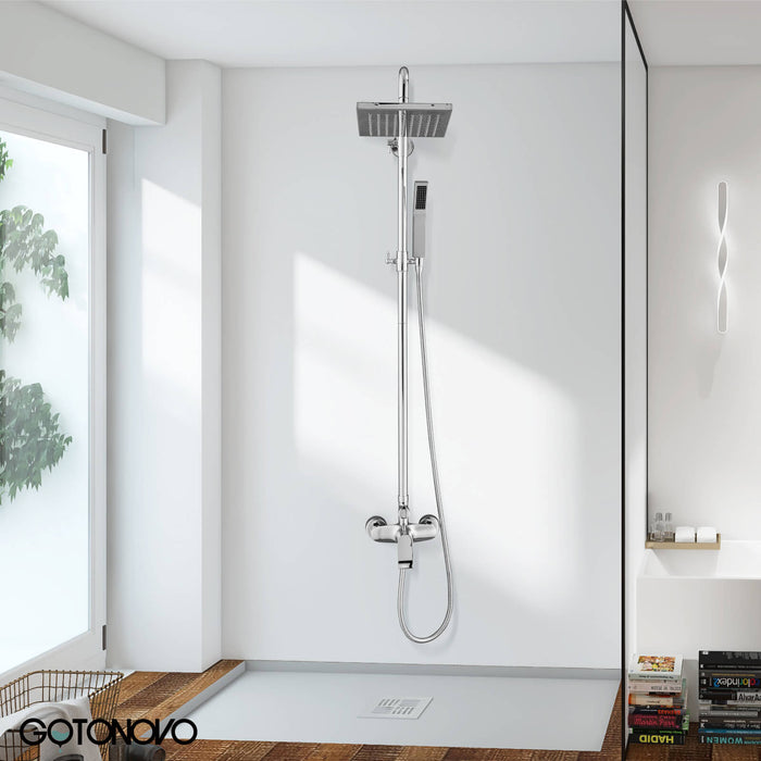 Polish Chrome Exposed Shower System 2 Functional Bathroom Shower Set 8 Inch Square Rainfall Shower Head with Hand Sprayer Wall Mounted