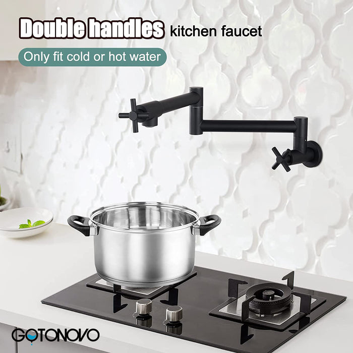 gotonovo Pot Filler Kitchen Faucet Stainless Steel SUS304 Two Cross Handle Single Hole Spout Wall Mounted Stretchable Swing Arm Commercial Kitchen Sink Faucet Control Water