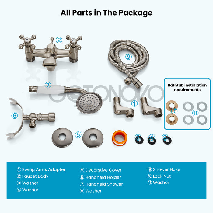 gotonovo Clawfoot Bathtub Faucet Tub Filler with Hand Held Shower Faucet Set Victorian Double Cross Handle 6 Inch Center Adjustable Swing Arms Tub Mount Short Adapter