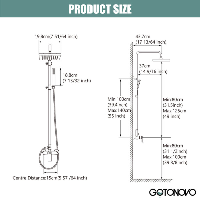 Polish Chrome Exposed Shower System 2 Functional Bathroom Shower Set 8 Inch Square Rainfall Shower Head with Hand Sprayer Wall Mounted