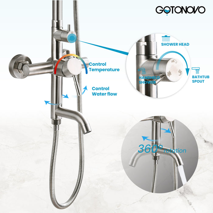 Gotonovo Exposed Shower System Wall Mount 8 inches Stainless Steel SUS304 Shower Head With Adjustable Hand Spray Triple Function Rainfall Shower Faucet Complete Set