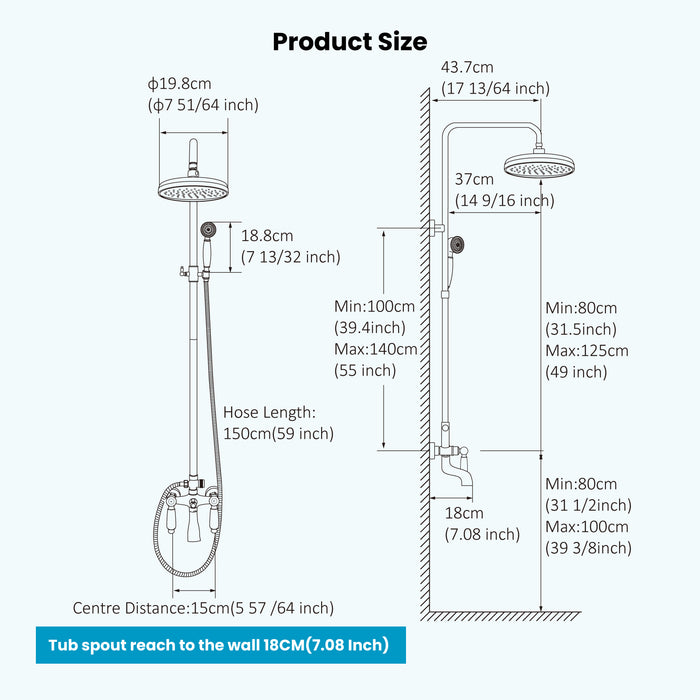 Gotonovo Exposed Shower System 8-inch Shower Head Fixture with Handheld Spray Double Lever Handle Tub Spout Triple Function Bathroom Wall Mount