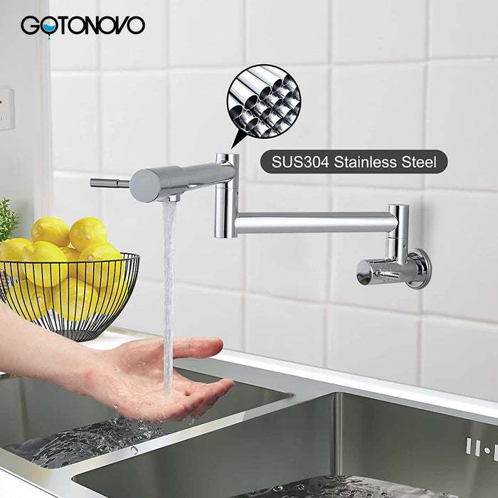 gotonovo Pot Filler Faucet Folding Stretchable Wall Mount Kitchen Restaurant Sink Faucet SUS304 Stainless Steel with Double Joint Swing Arm Single Hole Two Handles Commercial NPT