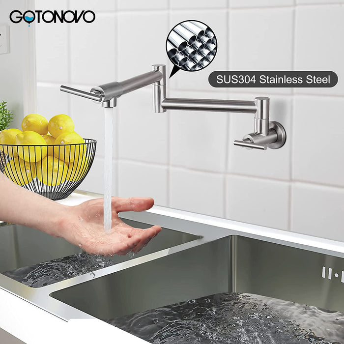 gotonovo Stainless Steel SUS304 Pot Filler Faucet Wall Mounted Double Joint Swing Folding Arms with Two Handles Single Hole Commercial Kitchen Sink Faucet to Control Water Stovetop