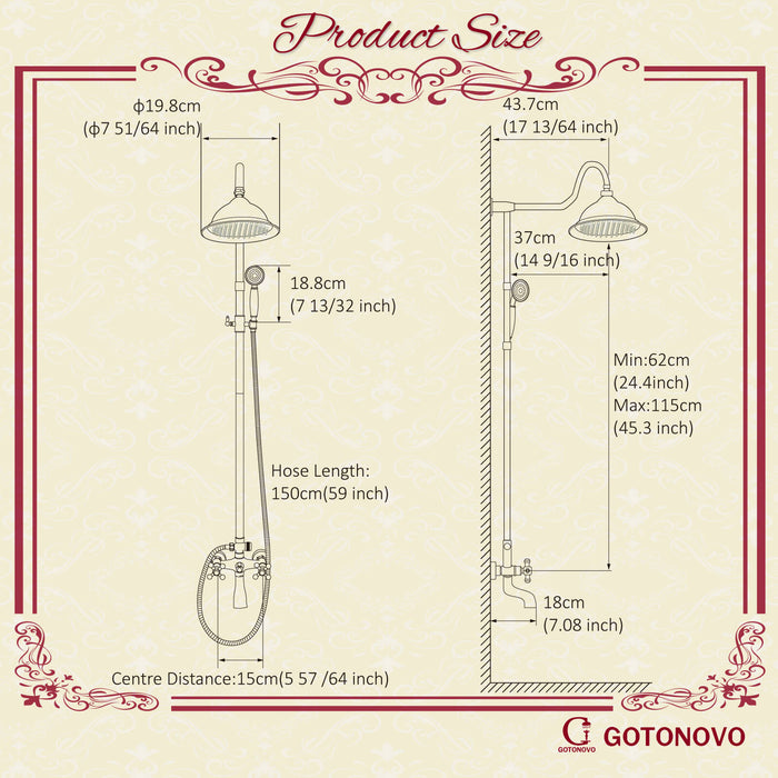 Shower System Set Complete 8 Rain Shower Faucet 2 Double Knobs Handle Triple Function Tub Spout Shower Fixture Unit 12 Inch Extention
