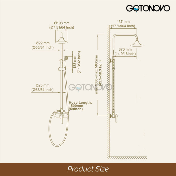 gotonovo Exposed Pipe Shower System Brass 8 Inch Overhead Rainfall Shower Fixture with Handheld Spray Dual Functions Solid Diverter Wall Mounte Bathroom Shower Faucet Combo Unit Set