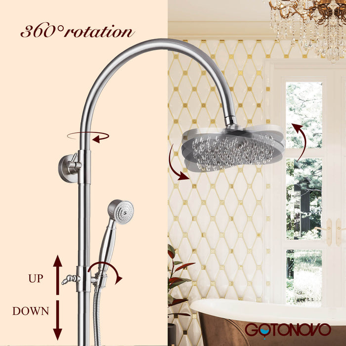 Gotonovo Exposed Shower Faucet Set Brass Dual Knobs 8 Inch Rainfall Round Head Mixer Tap Hand held Spray 3 Functions Shower System Tub Spout Bathroom Shower Combo Unit Set Wall Mounted