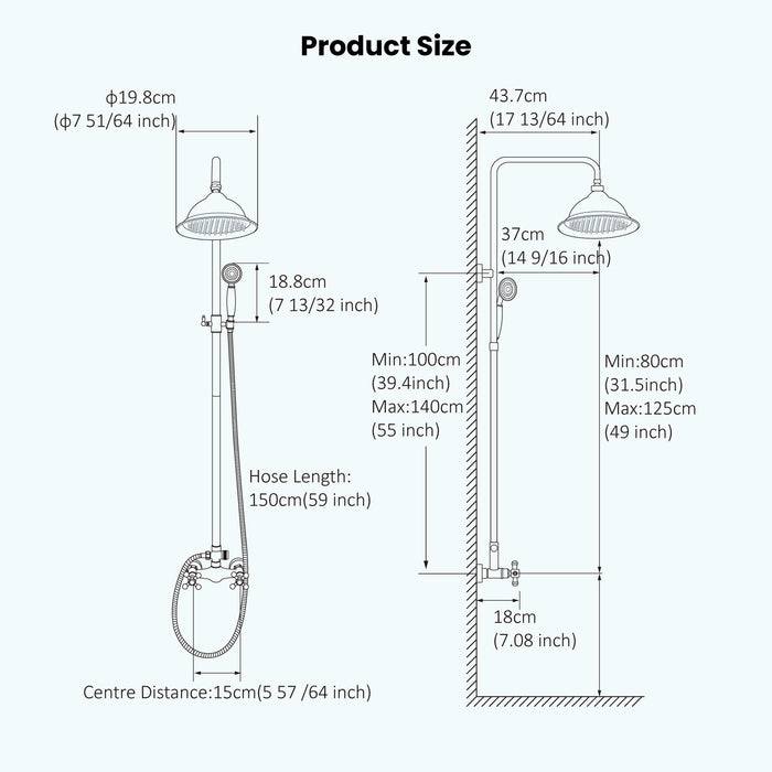 Gotonovo Exposed Shower System 8 Inch Rainfall Shower Head Dual Cross Handle with Handheld Spray Bathroom Shower System Wall Mount
