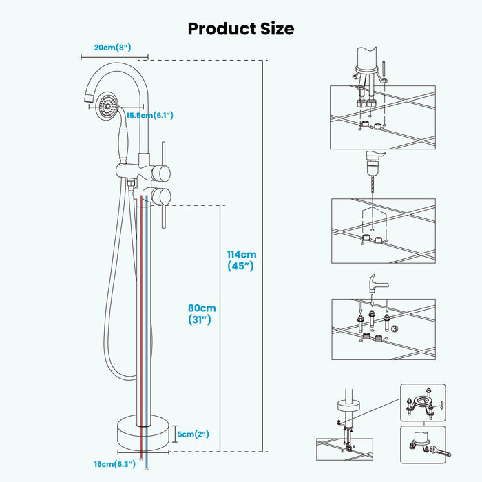 gotonovo Freestanding Bathtub Faucet Tub Filler with Hand Held Shower Floor-Mount High Flow Brass Bathtub Faucet with Hand Sprayer