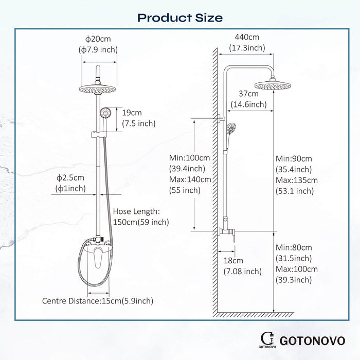 Gotonovo Exposed Shower Faucet Matte Black 8 inch Rain ABS Shower Head and Handheld Sprayer Shower Fixture Combo System Unit Set