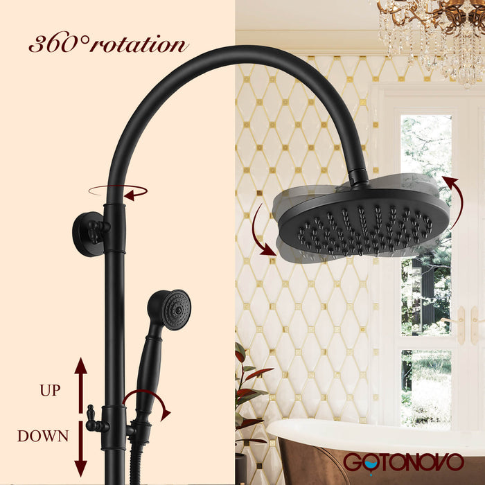 Gotonovo Exposed Shower Faucet Set Brass Dual Knobs 8 Inch Rainfall Round Head Mixer Tap Hand held Spray 3 Functions Shower System Tub Spout Bathroom Shower Combo Unit Set Wall Mounted