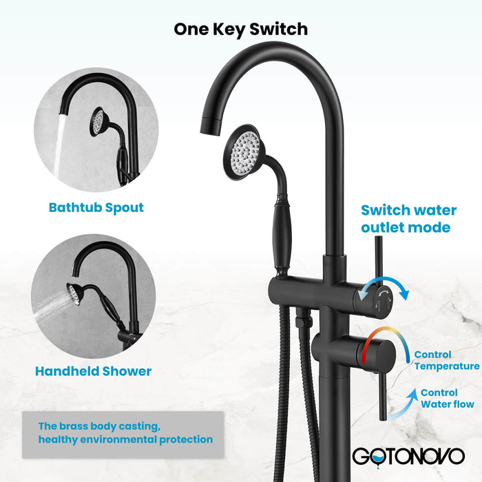 gotonovo Freestanding Bathtub Faucet Tub Filler with Hand Held Shower Floor-Mount High Flow Brass Bathtub Faucet with Hand Sprayer
