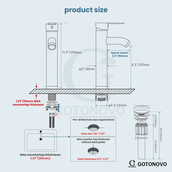 gotonovo Bathroom Sink Faucet 1 Handle Single Hole Deck Mount Tall type Faucet with Pop Up Drain Combo