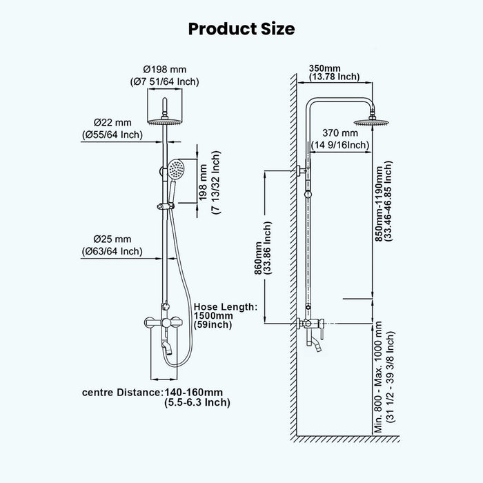 Gotonovo Exposed Shower System Wall Mount 8 inches Stainless Steel SUS304 Shower Head With Adjustable Hand Spray Triple Function Rainfall Shower Faucet Complete Set