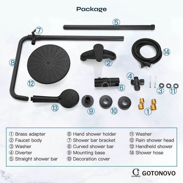 Gotonovo Exposed Shower Faucet Matte Black 8 inch Rain ABS Shower Head and Handheld Sprayer Shower Fixture Combo System Unit Set