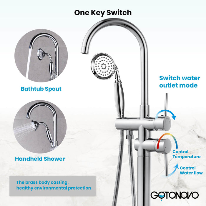 gotonovo Freestanding Bathtub Faucet Tub Filler with Hand Held Shower Floor-Mount High Flow Brass Bathtub Faucet with Hand Sprayer