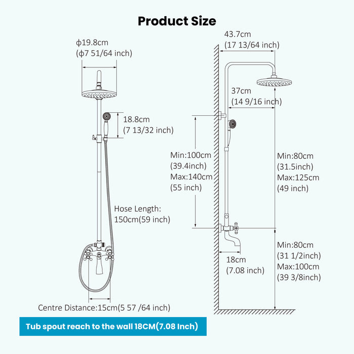 Gotonovo Exposed Shower System 8-Inch Rainfall Shower Faucet Dual Cross Handle Bathroom Bathtub Hand Spray Tub Tap Bathroom Fixtures