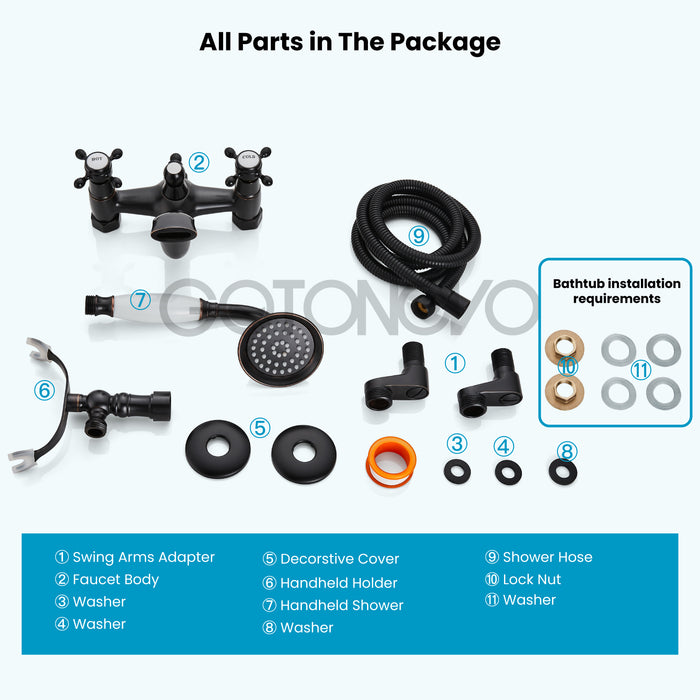 gotonovo Clawfoot Bathtub Faucet Tub Filler with Hand Held Shower Faucet Set Victorian Double Cross Handle 6 Inch Center Adjustable Swing Arms Tub Mount Short Adapter