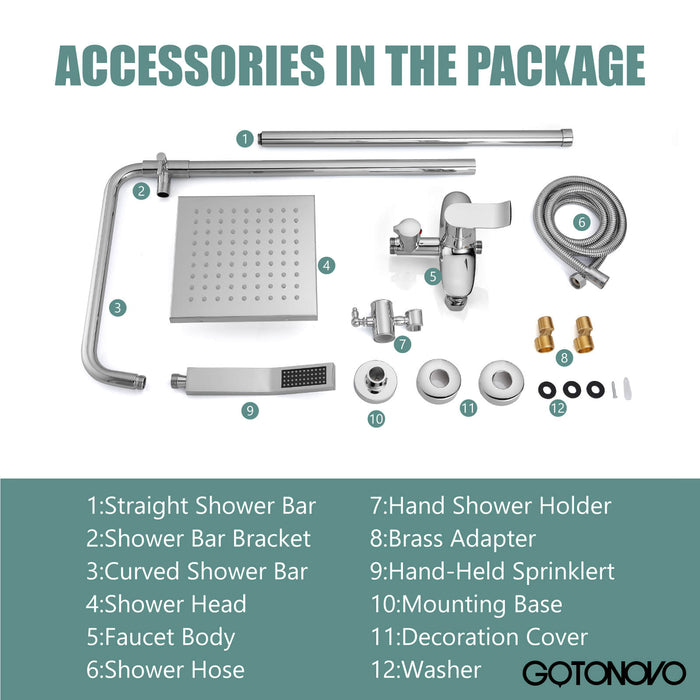 Polish Chrome Exposed Shower System 2 Functional Bathroom Shower Set 8 Inch Square Rainfall Shower Head with Hand Sprayer Wall Mounted