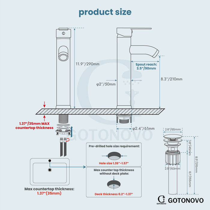 gotonovo Bathroom Sink Faucet 1 Handle Single Hole Deck Mount Tall type Faucet with Pop Up Drain Combo