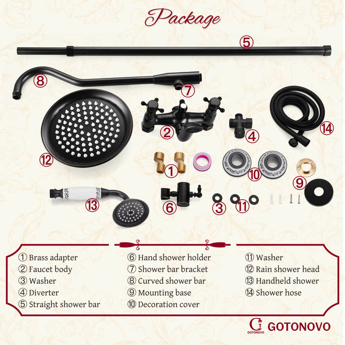 Shower System Set Complete 8 Rain Shower Faucet 2 Double Knobs Handle Triple Function Tub Spout Shower Fixture Unit 12 Inch Extention