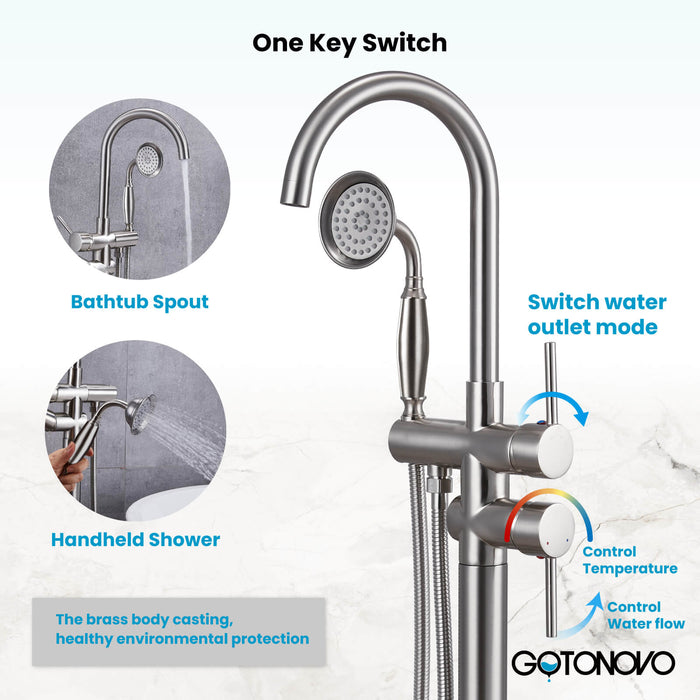 gotonovo Freestanding Bathtub Faucet Tub Filler with Hand Held Shower Floor-Mount High Flow Brass Bathtub Faucet with Hand Sprayer