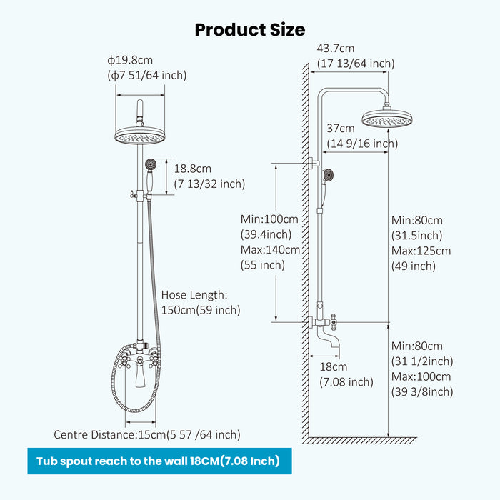 Gotonovo Exposed Shower Fixture 8 Inch Rainfall Shower Head with Handheld Spray Dual Cross Knobs Mixer Bathroom Triple Function Shower Combo Set Wall Mount