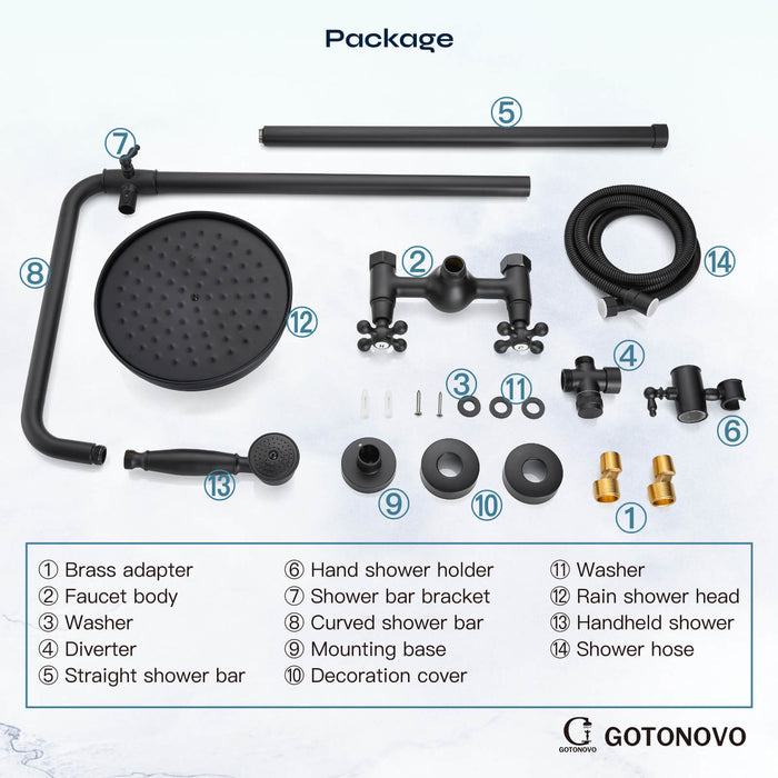 gotonovo Exposed Shower Fixture Set 8inch Rain Shower Head Double Knobs Cross Handle Dual Function Shower Faucet Combo Set