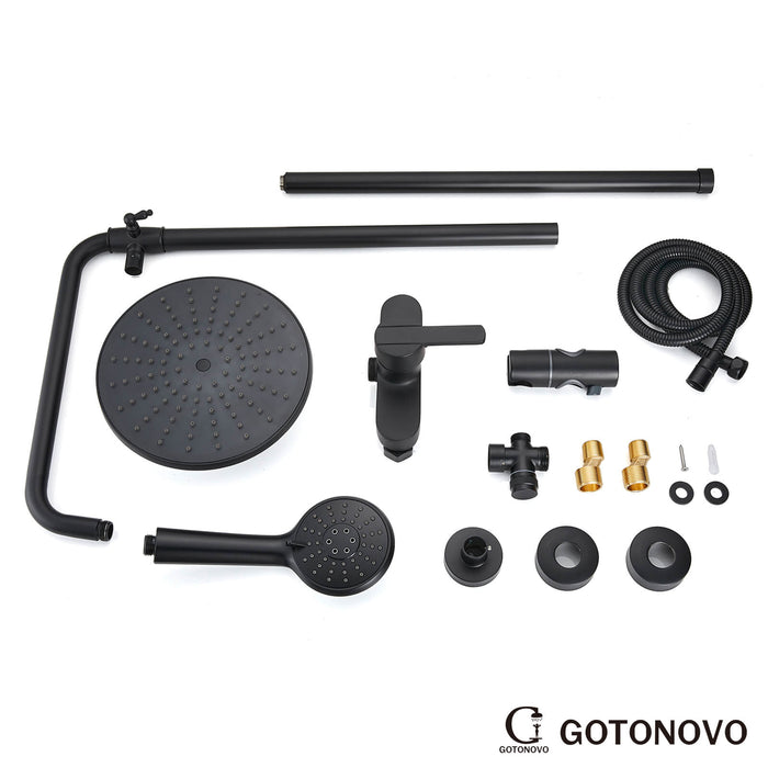 Gotonovo Matte Black Exposed Shower System 8 Inch ABS Round Rainfall Shower Head with ABS Handheld Sprayer Adjustable Slide Bar Hand Spray Wall Mount Set