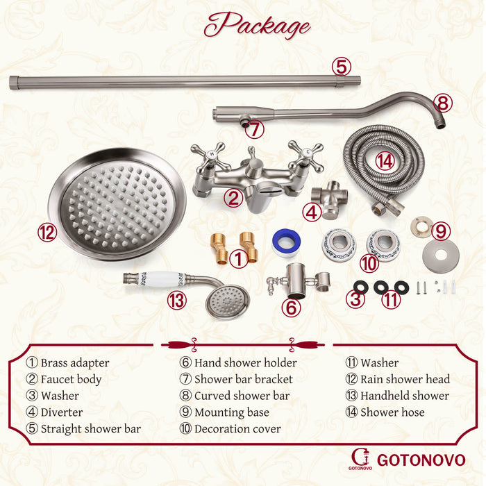 Shower System Set Complete 8 Rain Shower Faucet 2 Double Knobs Handle Triple Function Tub Spout Shower Fixture Unit 12 Inch Extention