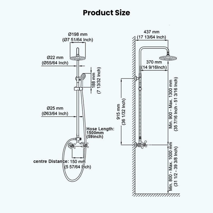Gotonovo Exposed Shower System 8 Inch Rainfall Shower Head with 3 Function ABS Handheld and Double Cross Handle Wall Mounted Bathroom Luxury Mixer Shower Combo Set