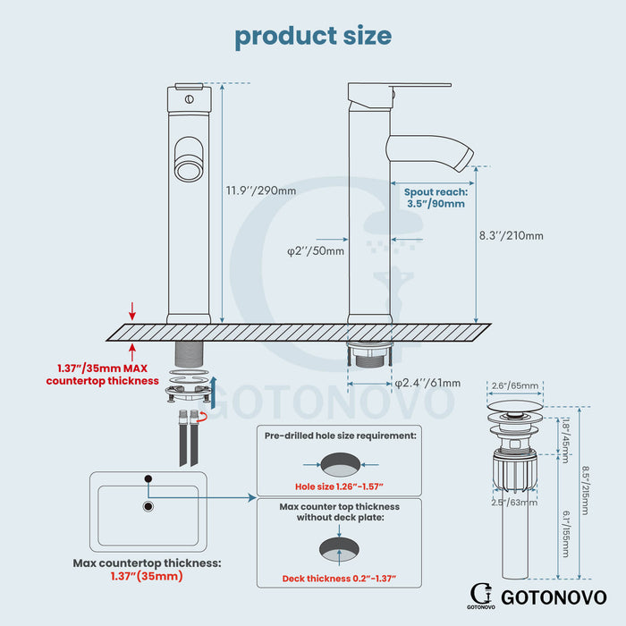 gotonovo Bathroom Sink Faucet 1 Handle Single Hole Deck Mount Tall type Faucet with Pop Up Drain Combo