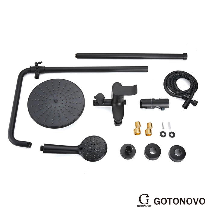 Gotonovo Matte Black Exposed Shower Fixture Combo Set 9 Inch ABS Round Rainfall Showerhead with ABS Handheld Sprayer Wall Mount Shower System Adjustable Slide Bar