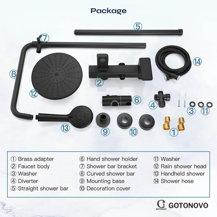 Gotonovo Exposed Shower Faucet Matte Black 8 inch Rain ABS Shower Head and Handheld Sprayer Shower Fixture Combo System Unit Set