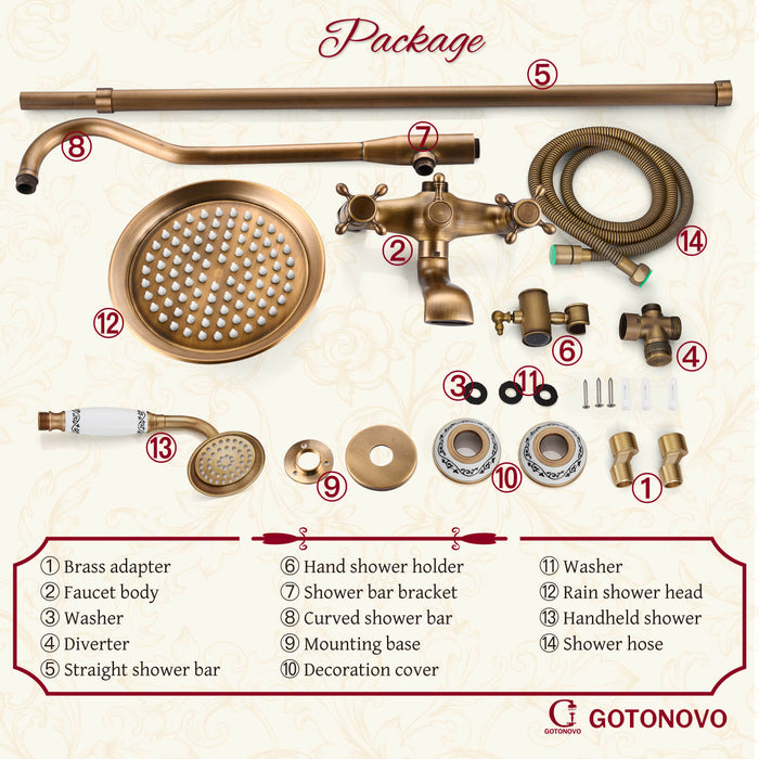 Shower System Set Complete 8 Rain Shower Faucet 2 Double Knobs Handle Triple Function Tub Spout Shower Fixture Unit 12 Inch Extention