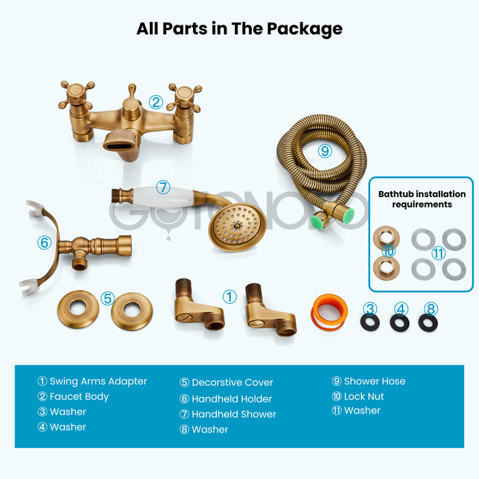 gotonovo Clawfoot Bathtub Faucet Tub Filler with Hand Held Shower Faucet Set Victorian Double Cross Handle 6 Inch Center Adjustable Swing Arms Tub Mount Short Adapter