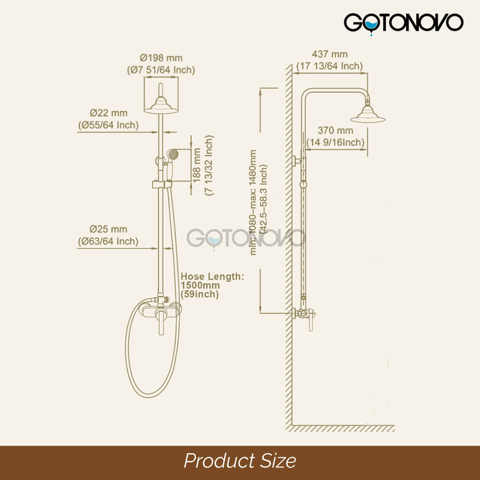 gotonovo Exposed Pipe Shower System Brass 8 Inch Overhead Rainfall Shower Fixture with Handheld Spray Dual Functions Solid Diverter Wall Mounte Bathroom Shower Faucet Combo Unit Set