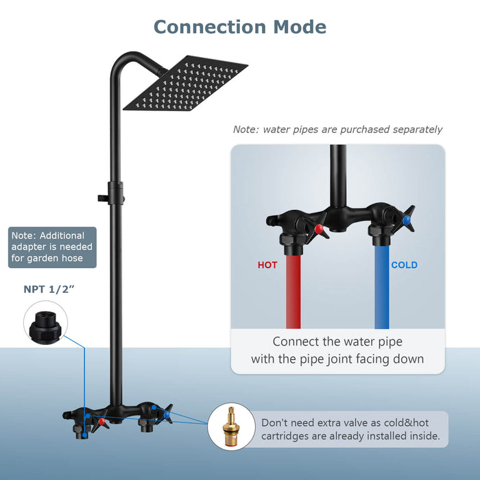 gotonovo Outdoor Shower Kit 6 Inch Square Shower Head Wall Mount Exposed Shower Fixture with Adjustable Slide Bar Double Cross Handles Brass Mix Valve Bathroom Shower Faucet Set
