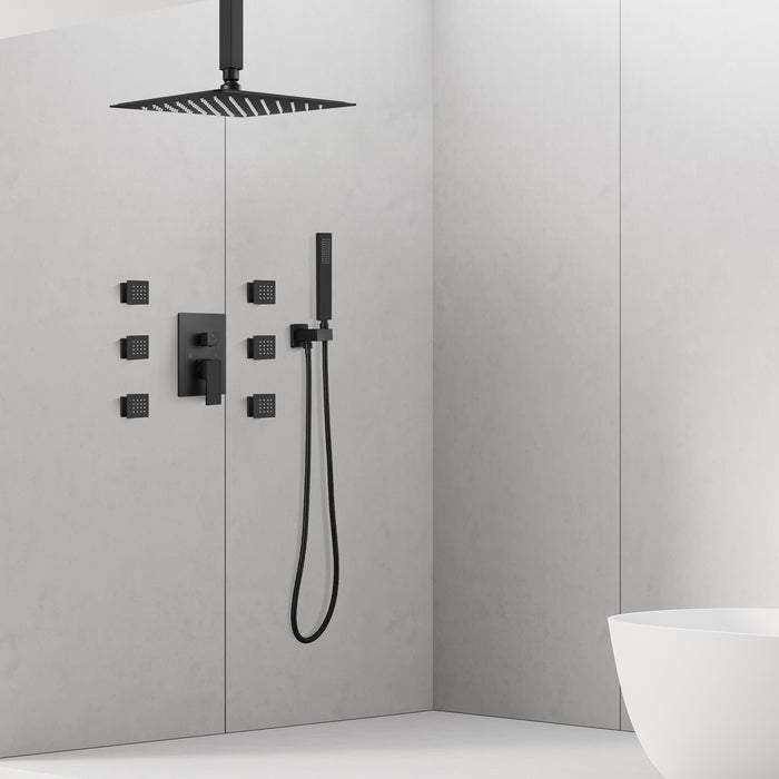 Ceiling Mounted Rain Mixer Shower Faucet Set 12 inch Square Rainfall Shower Head with 6 Body Spray Jets and Brass Handshower