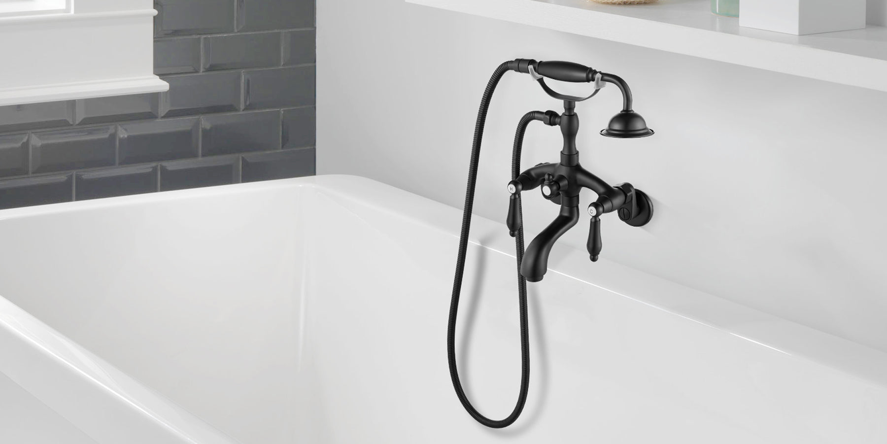 gotonovo Matte Black Wall Mount 3 3/8 Clawfoot Tub Faucet For Bathtub with Hand Held Shower Sprayer Double Level Handle with Hot and Cold Water Adapter Adjustable Swing Arms